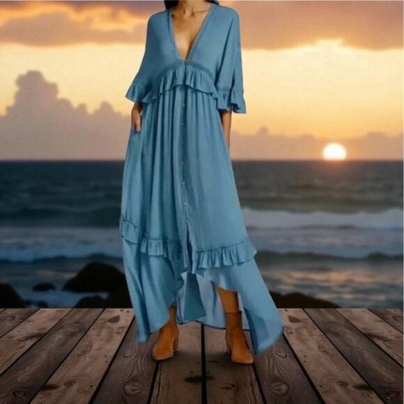 Free People Paradiso HiLo Maxi Dress Ruffle Blue Boho Folklore Oversized Medium - Picture 16 of 16